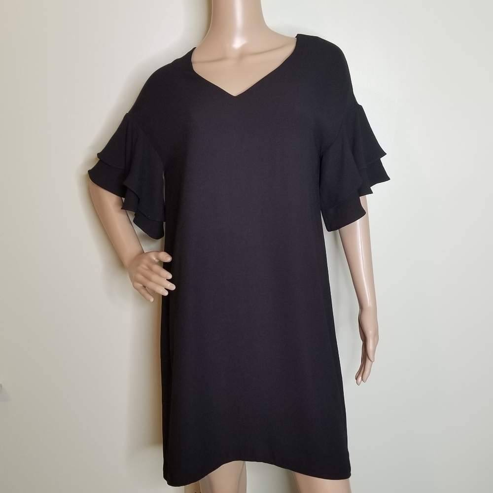 Flounce Sleeve Little Black Dress Shift
